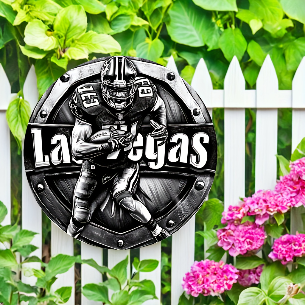 

1pc Las Vegas Football Player Aluminum , 2d Round Metal Sign, Weather-resistant, Pre-drilled, , 7.87" X 7.87", With English Text For Home, Bar, Cafe, Garden Decor