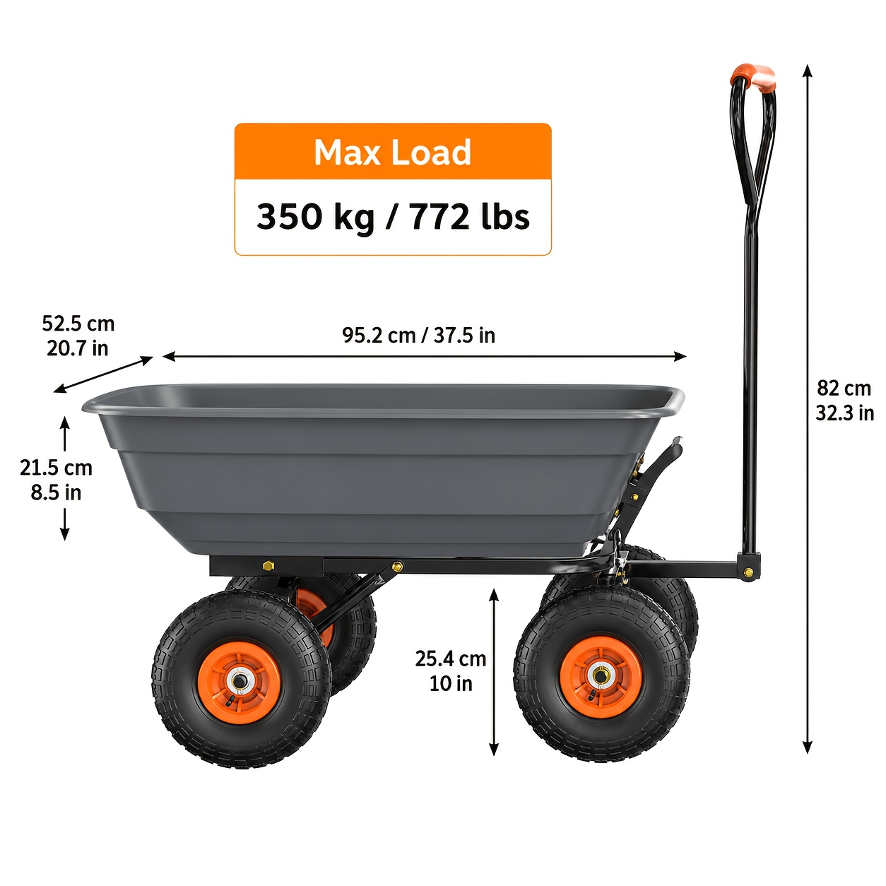 Image of Heavy Duty Garden Wagon Cart Suitable For Lawn Care & Yard - 350kg Utility Cart With 4 Cu Ft Pp Tub, 10' Pneumatic Tires, Capacity Utility Trailer, Detachable & 180° Handle For Farm,, Residential Use