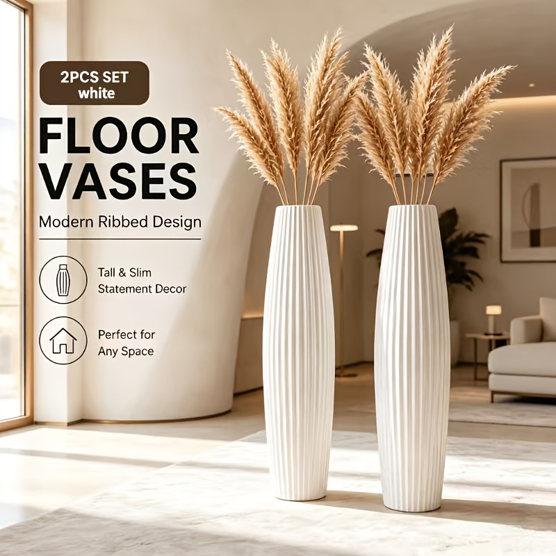 TEMU Set Of 2 Floor-standing Large Vases, Available In And White. Tall, Vertical-ribbed Decorative Vases Feature A Modern Minimalist Matte Texture