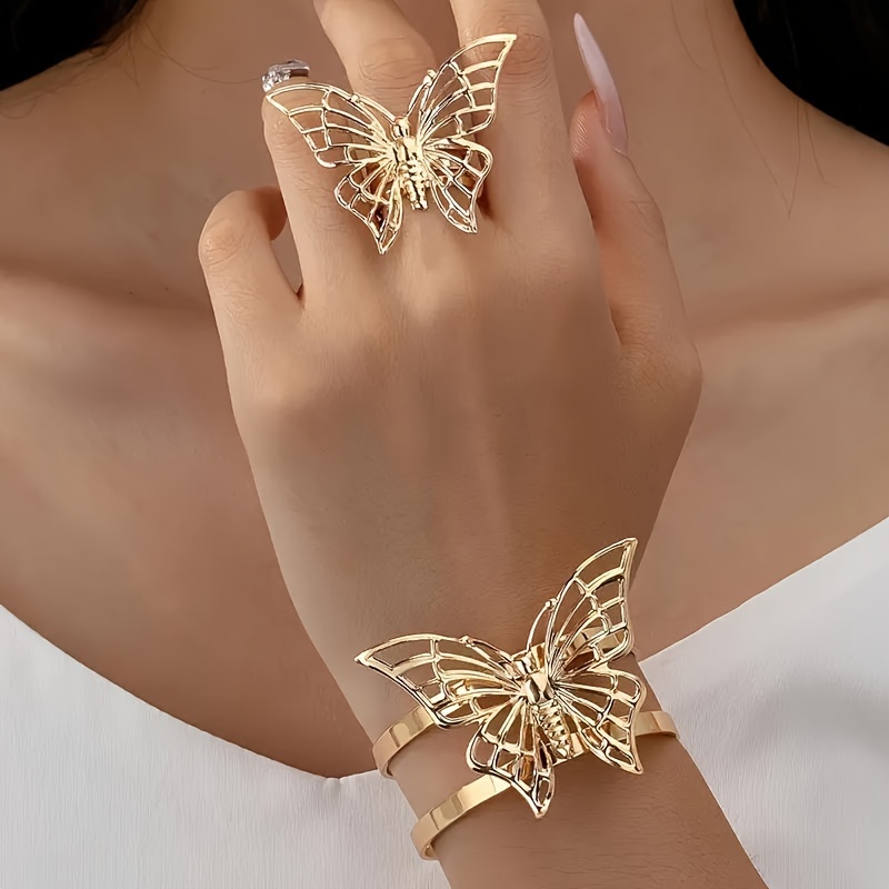 

Elegant Boho Style 18k Golden Plated Open Cuff Butterfly Hand Ornament And Ring Set For Women, , Adjustable, Suitable For Daily And Party Occasions