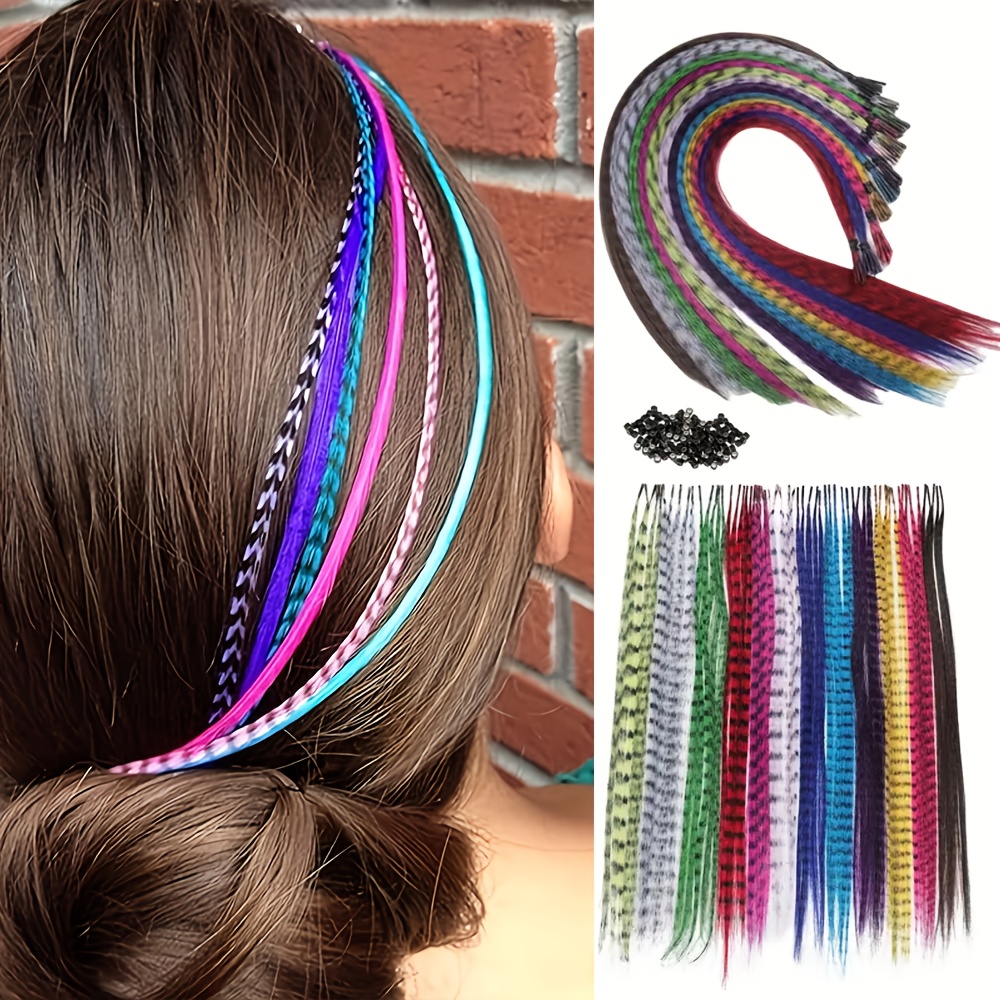 50 Stck Bunte Feder-Haarverlngerungen in 5 Mischfarben, 40,64 cm -  Inklusive 1 Hkelnadel 50 Haarverlngerungsringen - Synthetische  Haarverlngerungen - Federverzierte Haarverlngerungen