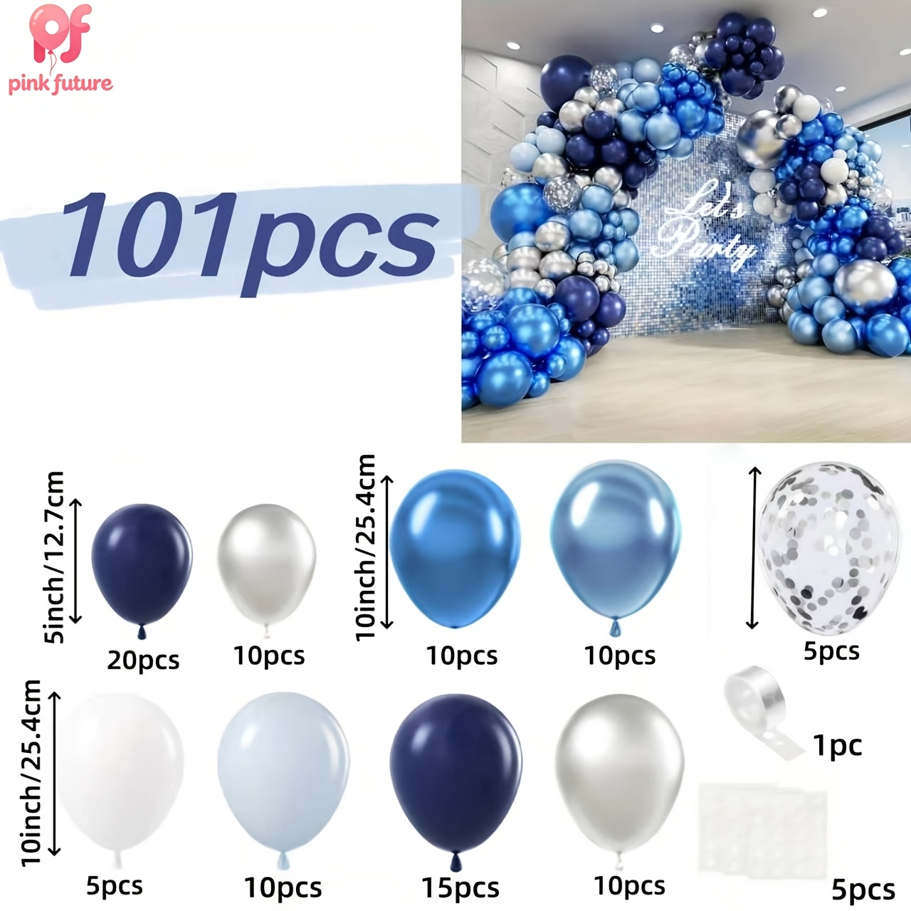 TEMU Accesorios de fotografía, juego de de 101 piezas de globos de látex metálico azul , , azul y azul plateado, accesorios de fotografía