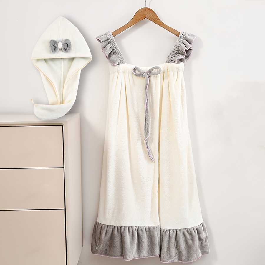Image of 2pcs, Bow-shaped Versatile Dress And Bathing Cap. Thick Fiber Nano-wool Soft And Absorbent Quick-drying Color- Versatile Bathing Dress. Same Style Bow-shaped Hair-drying Towel. Button Design