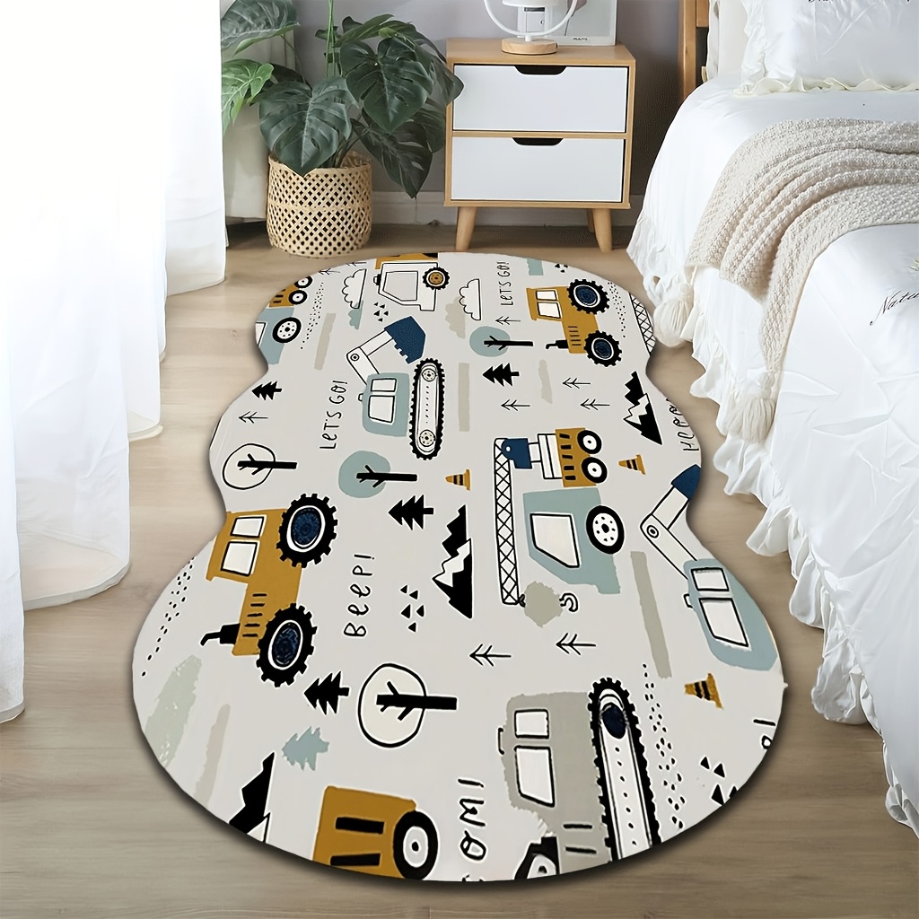 TEMU 1 Tapis en Velours, Motif de Véhicules de Chantier Cartoon, Durable et Confortable, Antidérapant, Lavable en Machine, Utilisation