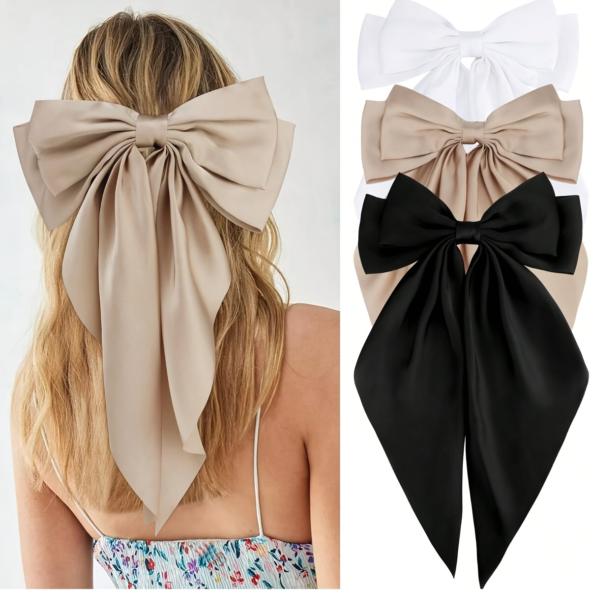 

3pcs Elegant Solid Color Ribbon Bowknot Shaped Hair Clips Trendy Hair Decoration For Women And Daily Use