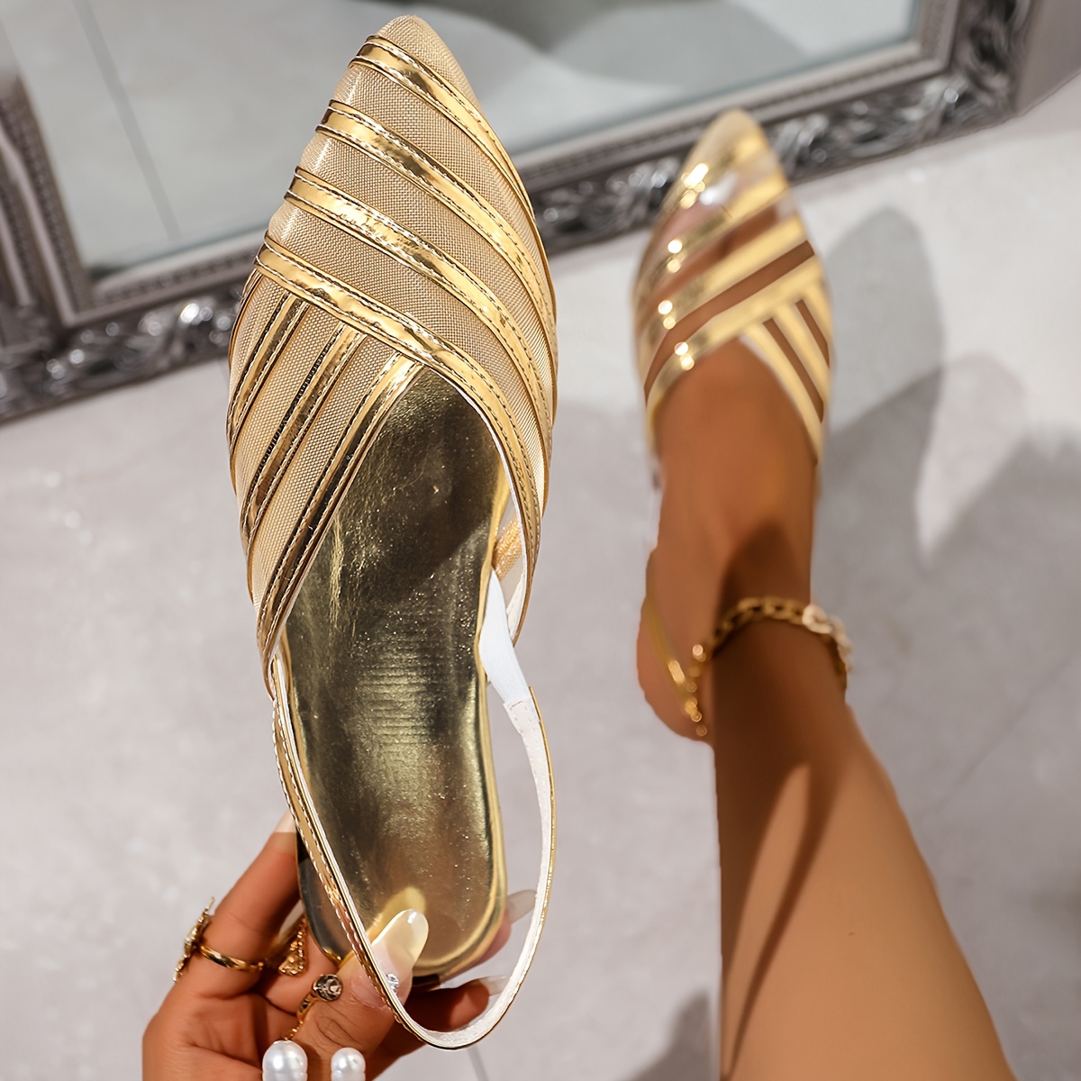 a pair high quality golden mesh lace spliced flat sandals Temu