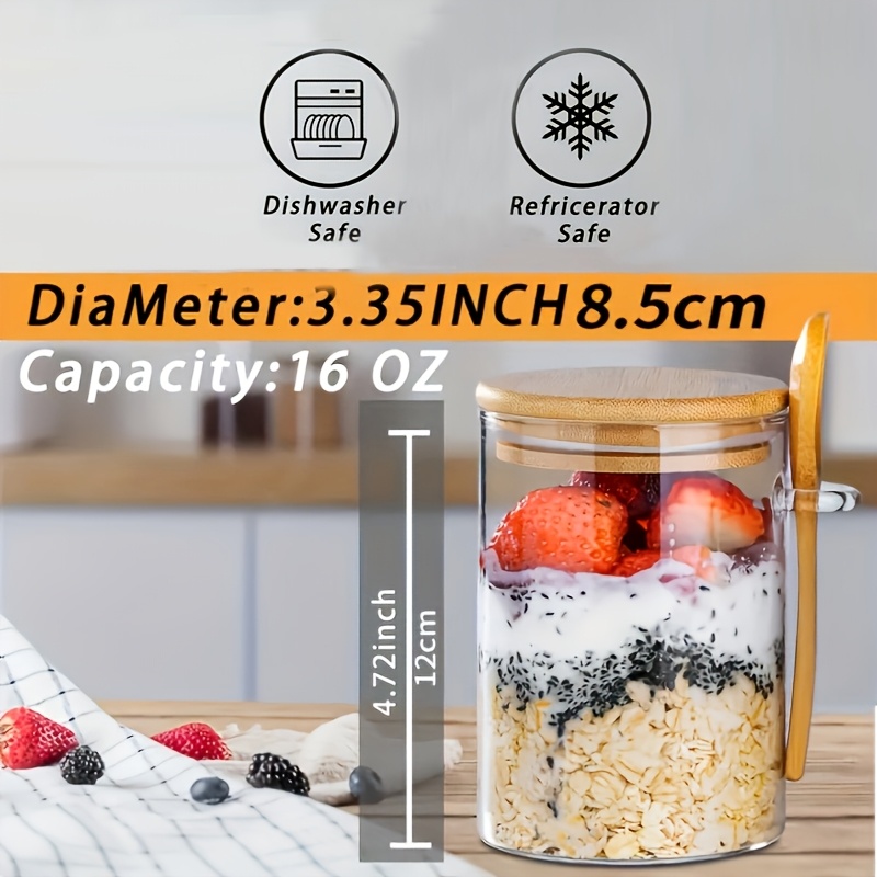 TEMU Purchase 2pcs/4pcs, 16oz Oatmeal Cup, Salad Bowl, Oatmeal Jar, Oatmeal Cup, Meal Preparation Container With Lid And Spoon, Glass Jar , Pudding,
