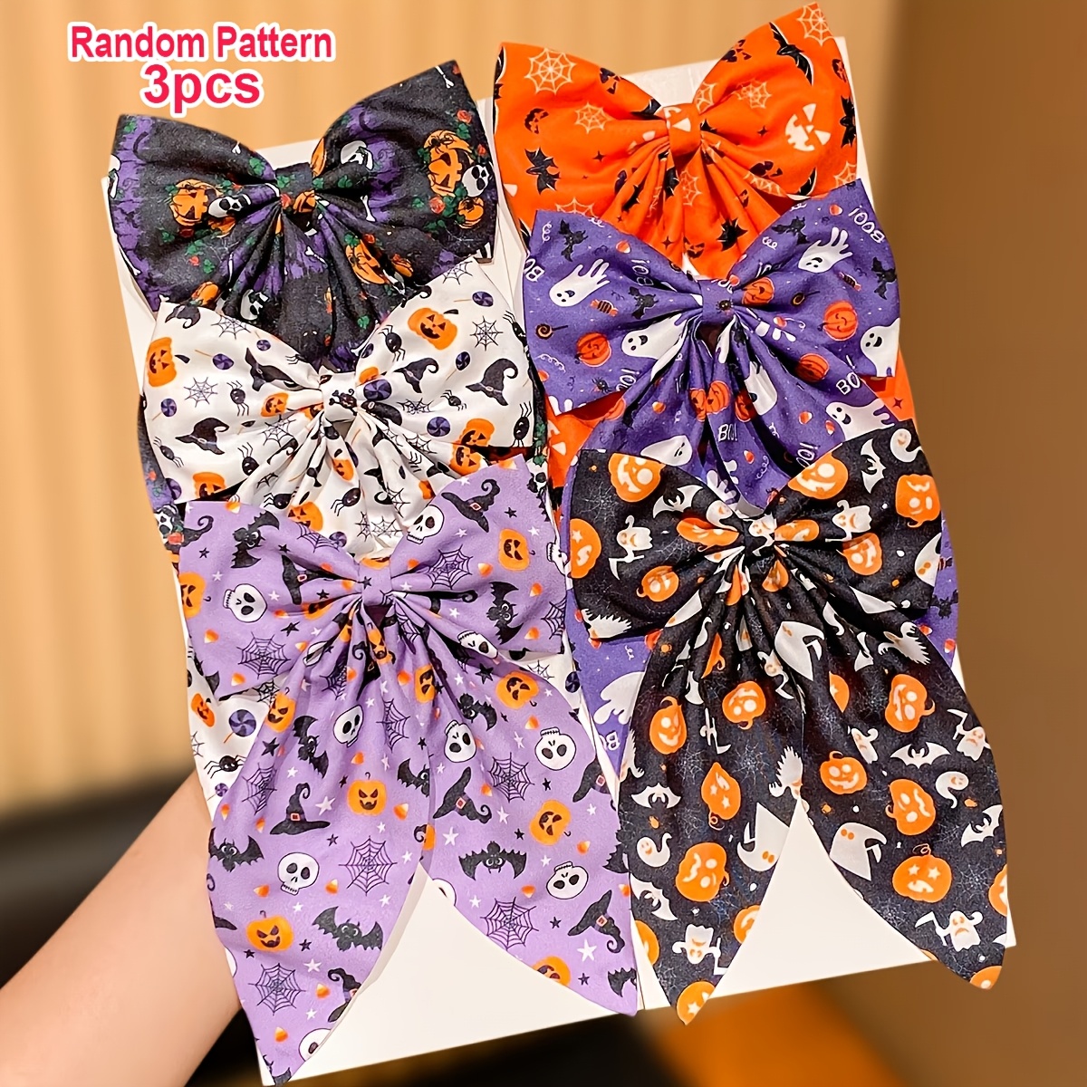 TEMU 3pcs Random Pattern Halloween Bow Hair Clips, Halloween Gift For, Small Halloween Party Favors, Long-tail Pumpkin Bat Print Bow Hairpins For