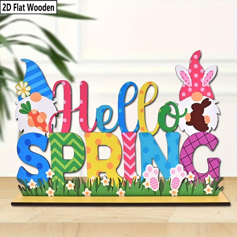 Image of 2d Flat,unique "" Colorful Letter Flower Grass Wooden Splicing Tabletop Decorations, Spring Gonme Rabbit Hold Carrot Element Tabletop Centerpiece Decor For Party Office, Livingroom, Bedroom, 2d Flat