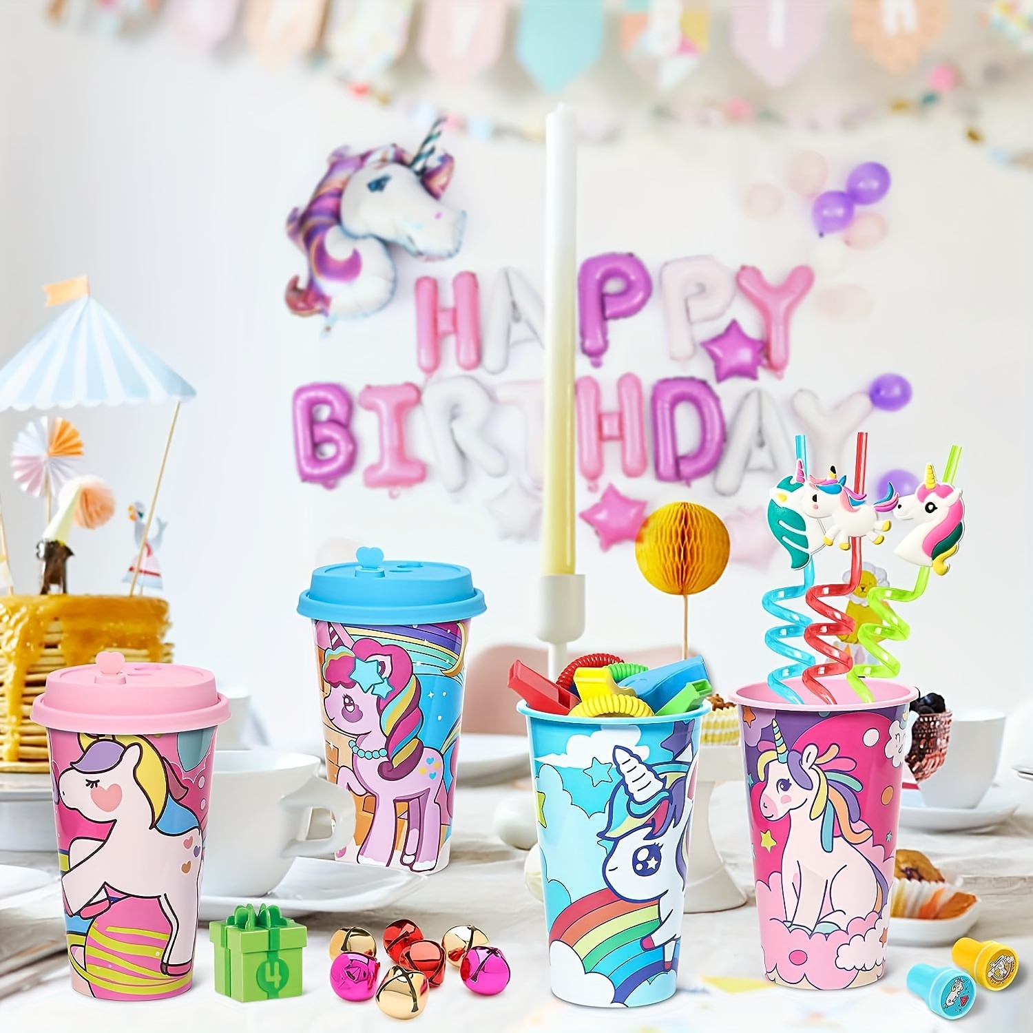 Image of 4 Unicorn Party , Birthday Party Cups, , 16 Ounces. Rainbow Plastic Party Decoration Cups, With Cup Lids And Cup Stoppers ((straws Not Included) For Halloween、christmas