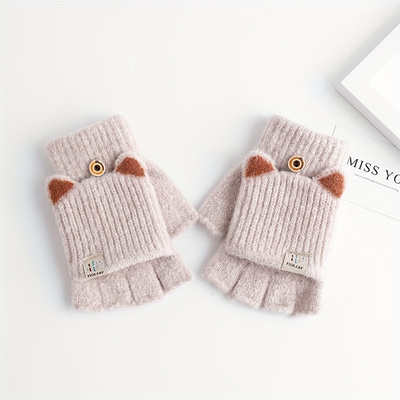 Image of Women's & Unisex Winter Flip-finger Cat Ear Gloves - Windproof Warm Hand Warmer, Casual Solid Color Five-finger Gloves For Cold Weather, For Most Hands (no Washable Care)