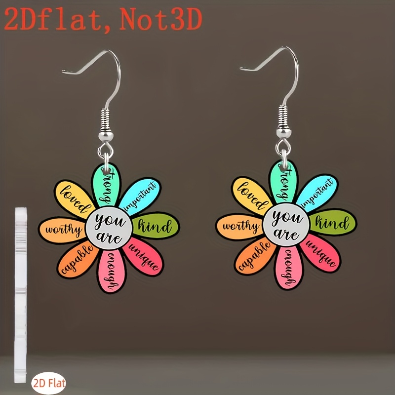 TEMU 2d Flat - 2dflat Interesting Inspirational Flower Colorful Acrylic Pendant Earrings, Lightweight Earrings | Colorful Earrings | Stainless Steel