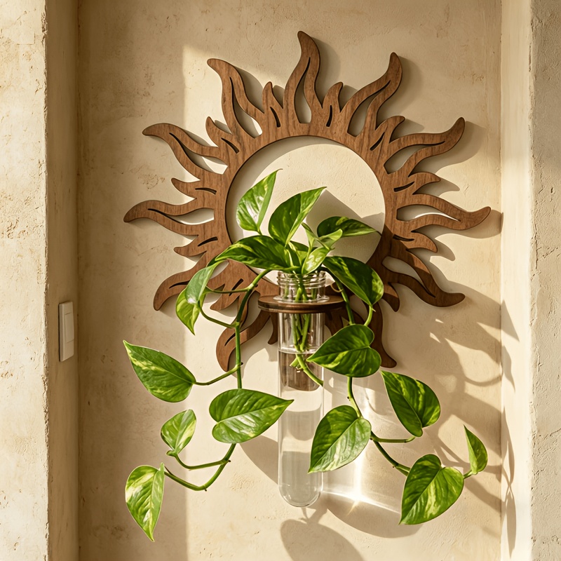 TEMU Étagère Murale en Bois de Soleil, Support à Fleurs Hydroponique en Tube à en Verre, Station de Murale pour Plantes de Style Bohème, Décoration
