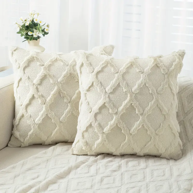 4 pack bohemian style throw pillow covers 18x18 inch shaggy plush wool 3d embroidery geometric pattern suede decorative cushion covers with zipper machine washable polyester for multiple room couch sofa living room decor Product details 1