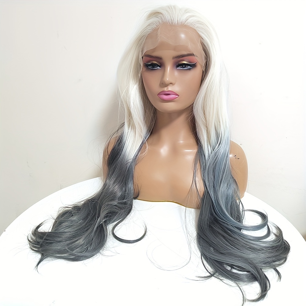 Ombre Blonde To Dark Blue Color Body Wavy Synthetic Hair Lace Front Wig For Women Cosplay Lace Wigs