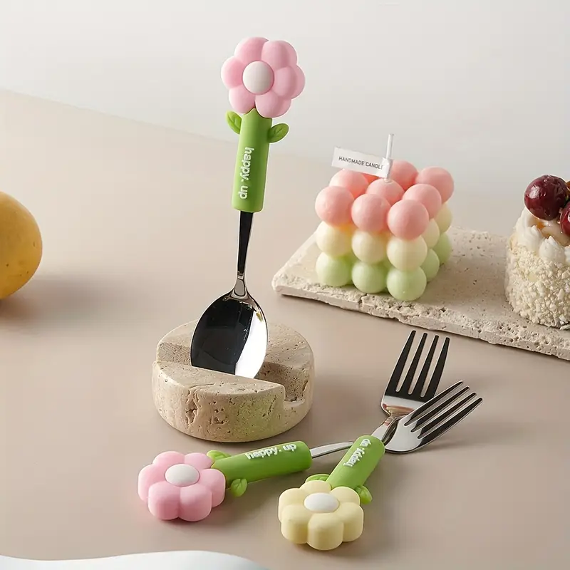 4pcs flower silicone handle fork and spoon set stainless steel tableware suitable for kitchen restaurant hotel carrying party travel camping Product details 1