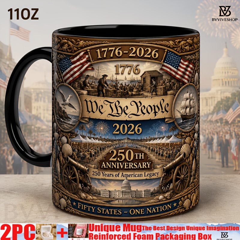 item picture 2pcs 250th anniversary of the united     usa 250th anniversary mug   celebration coffee mug microwave safe 11oz ceramic national   2d graphic themed coffee mug for outdoor and home use gift for frien