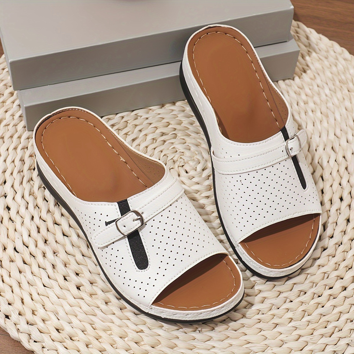 Sandalias elegantes de color   para mujer, plataforma con    , zapatos con corte deslizante, sandalias de cuña con   para vacaciones 4