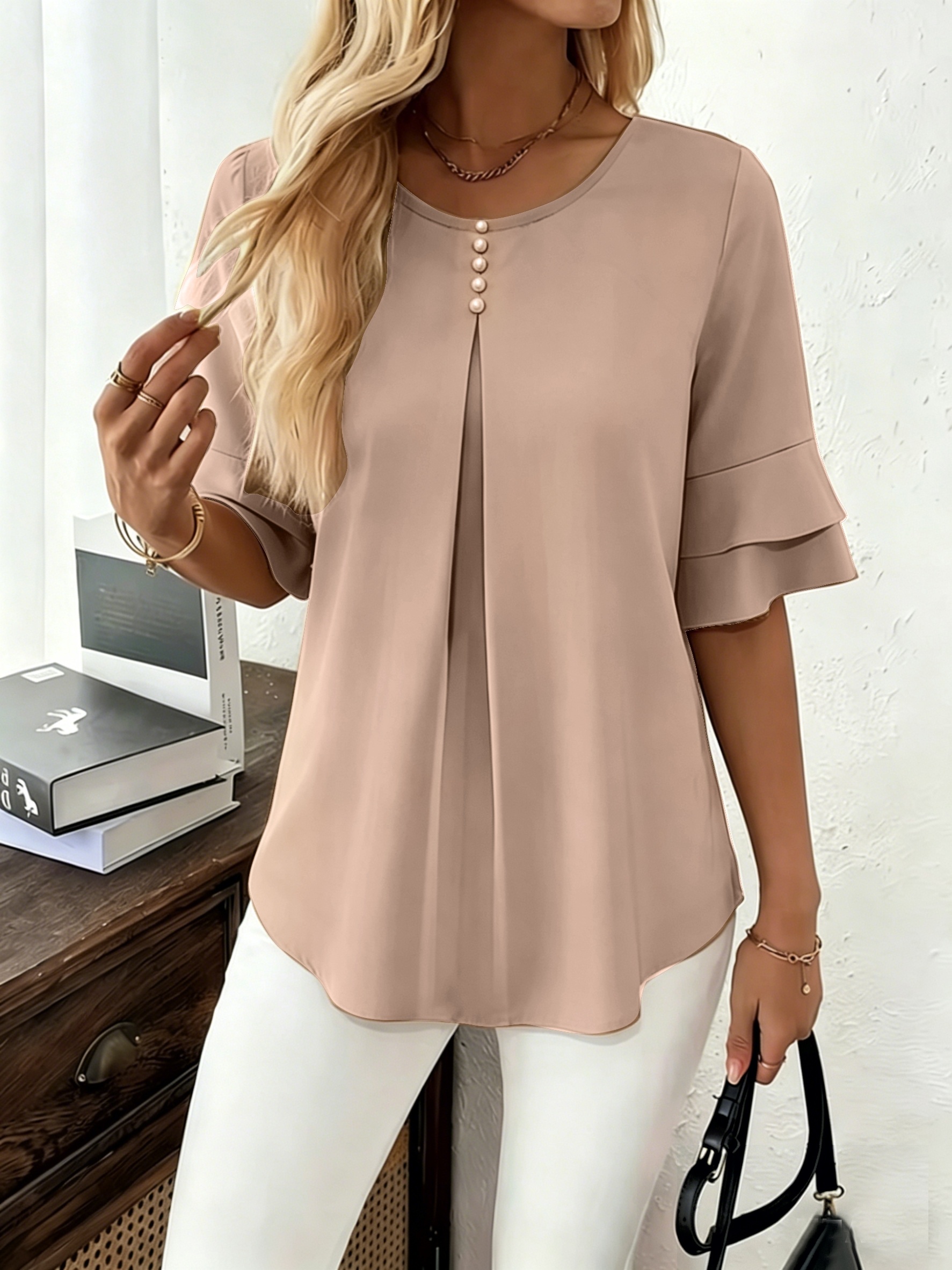 elegant fashion summer loose solid round neck button up shirt flared sleeve ruffle top