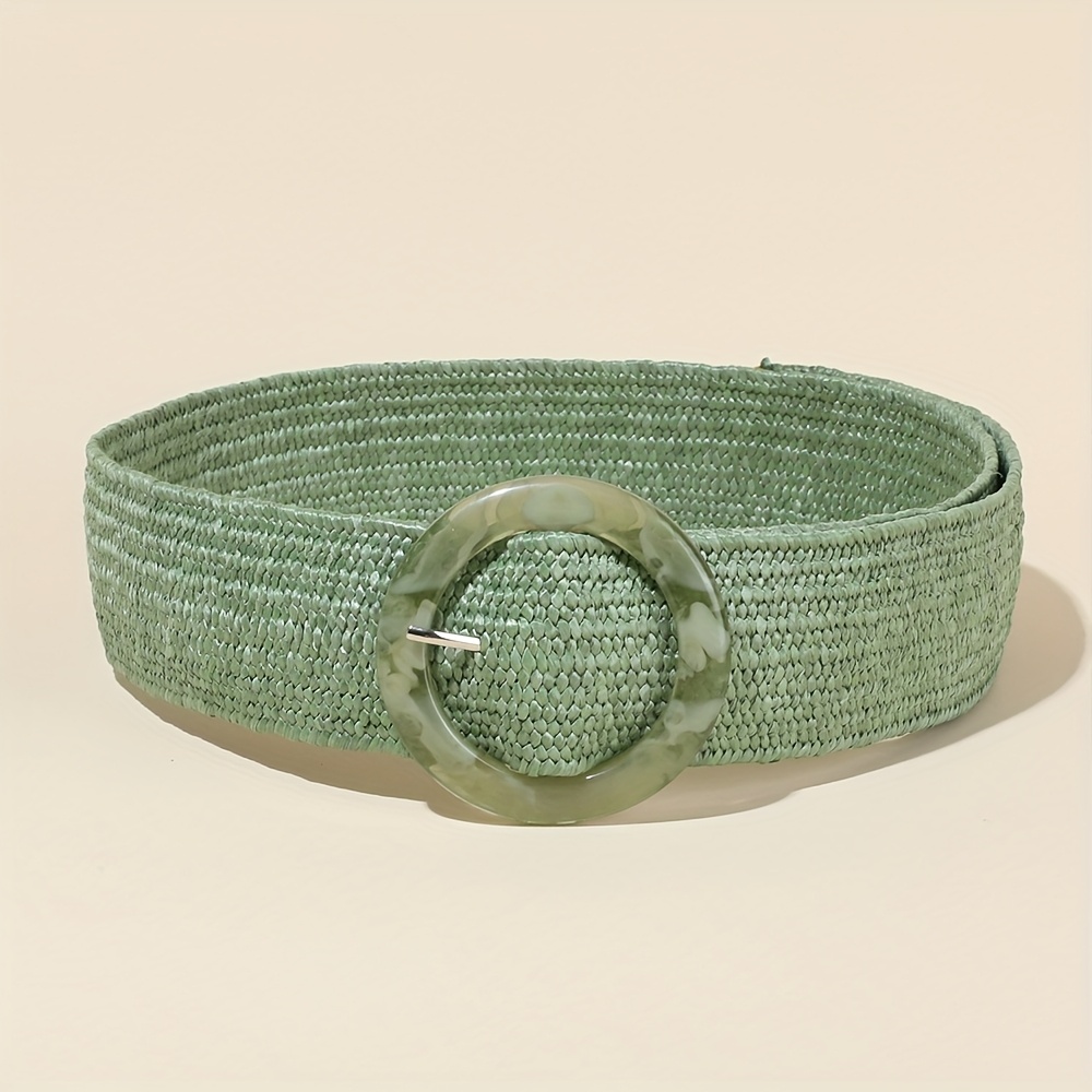 Image of Bohemian Candy-colored Pp Grass Elastic Style Women's Wide Grass Belt - Elastic Waist Belt, Pink, Green And Khaki Textured Design, Suitable For Dresses, Coats And Casual Beach