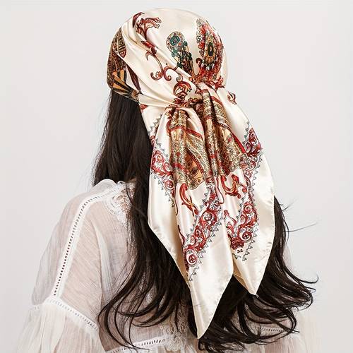 large elegant floral golden scarf soft handkerchief suitable for daily wear 90x90cm square with golden accent print versatile shawl neck wrap hair accessory
