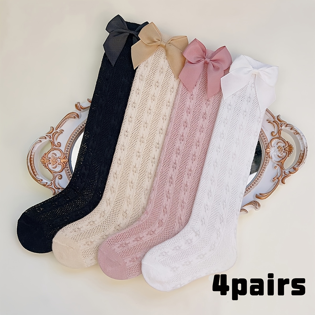 Image of 4-pair Girls' Socks Thin Breathable Mesh Mid-calf Socks Solid Color Bow Princess Socks