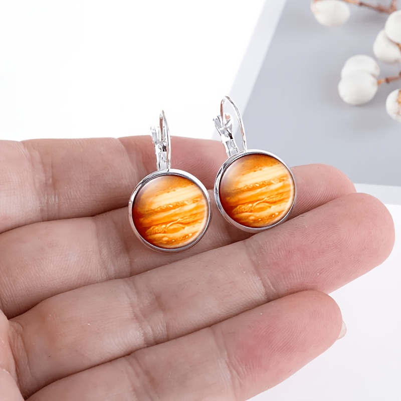 Exquisite White Round Glass Inlaid Earrings, Planetary Design