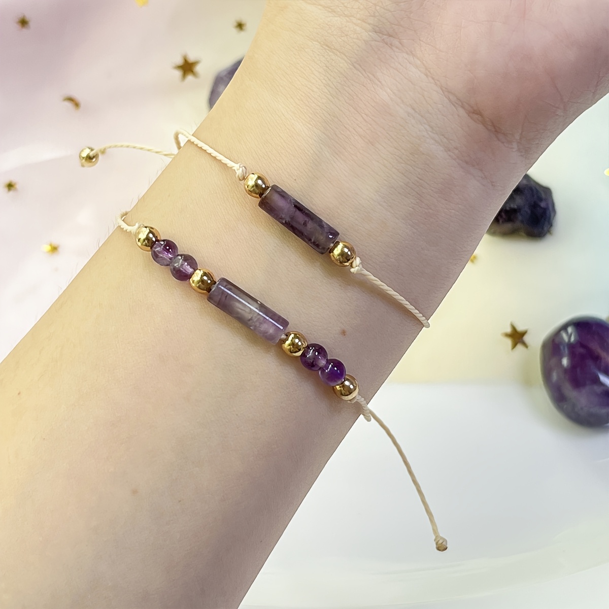 Natural Amethyst Jewelry Set - Handwoven Bracelet
