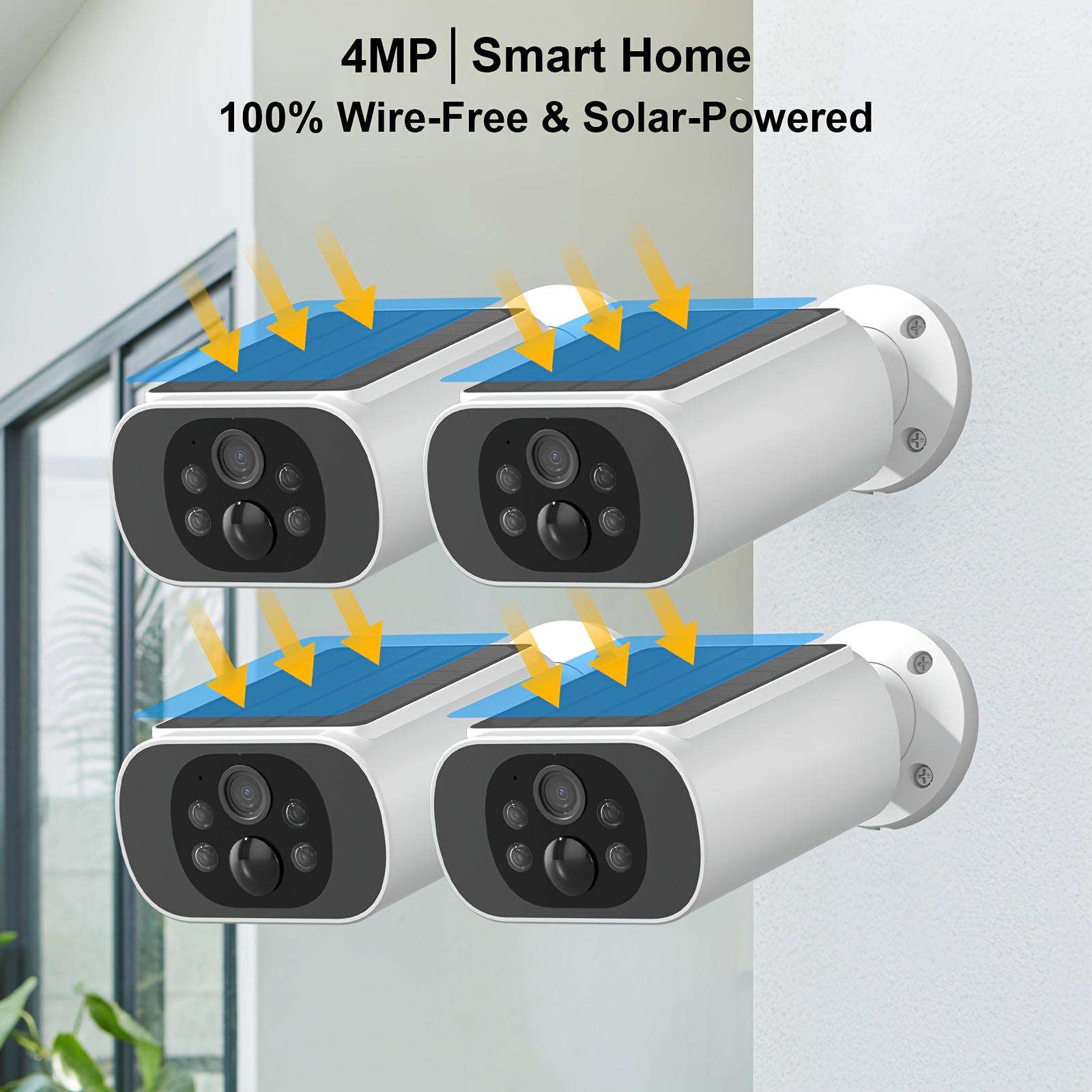 Image of 4pcs Solar-powered Outdoor 4mp Camera Wireless, System With Integrated Solar Panel, Color & B/w Night Vision , Ip65, Motion Detection & Talk, 5ghz & 2.4ghz Wifi