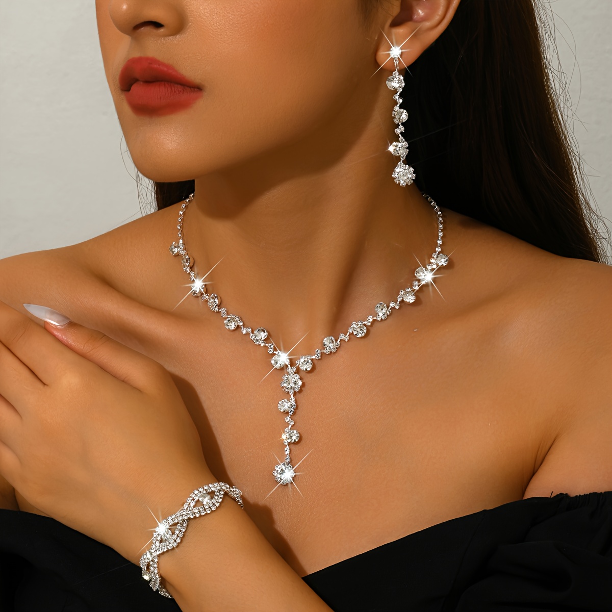 E-shop Modischer Strass Schmuck 1 Halskette und 1 Stück Ohrringe und 1 Halskette Schmuckset Braut Schmuck Geeignet für Abschlussball Party Geschenk