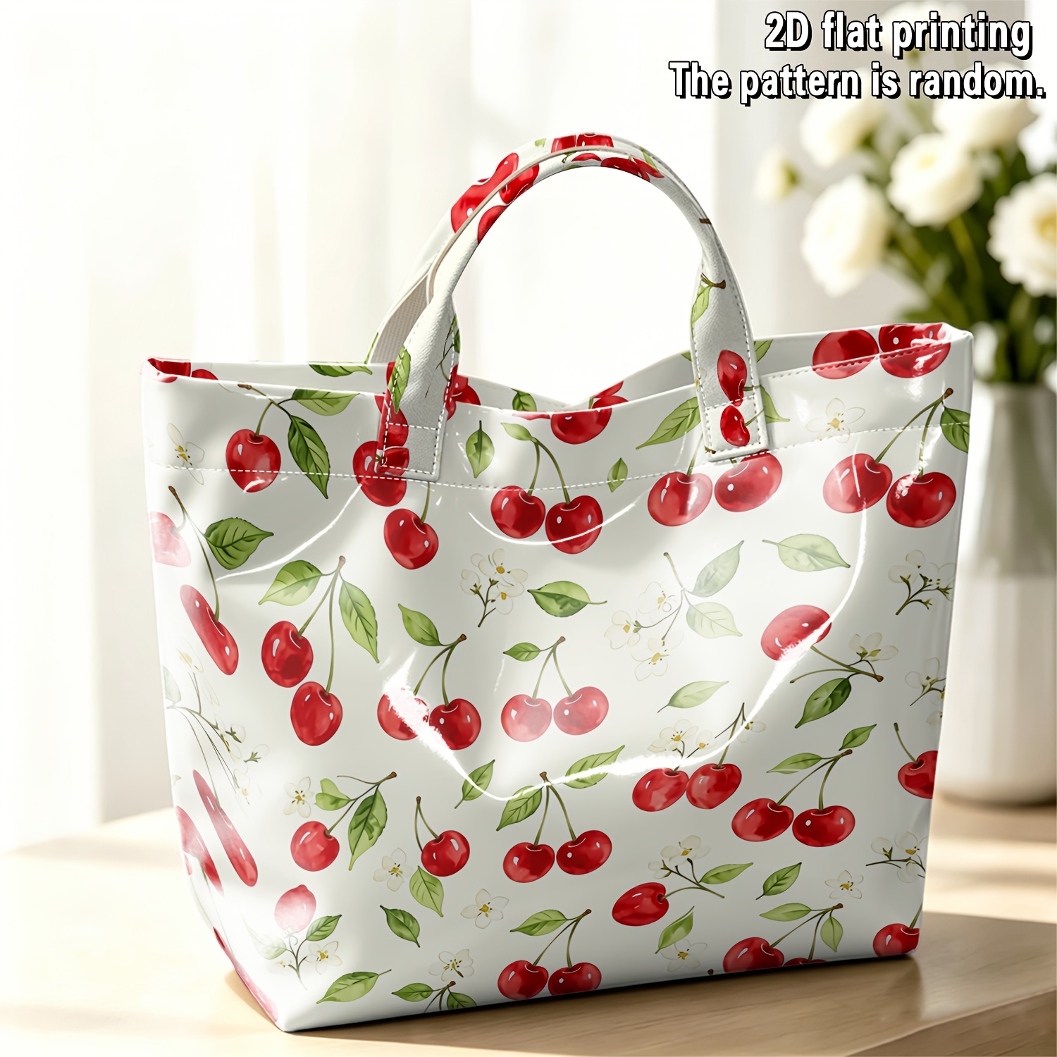 TEMU 1pc Fresh Cherry Pattern Pvc Tote Bag, Women's Large Capacity Handbag, 2026 New Reinforced , Handbag Suitable For Office, Fitness, Travel, And