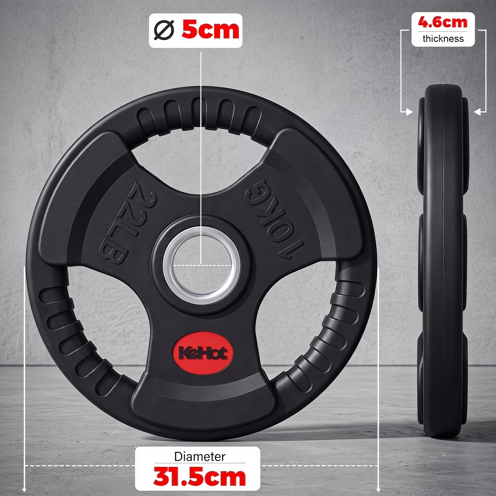 Image of Weight Plate 50mm Centre Hole Rubber-coated Cast Iron Barbell Disc, Single 2.5kg 5kg 10kg 20kg Weight Options For Strength Training, Weightlifting, Home Gym, Squats, Deadlifts, Presses, Kehot Black