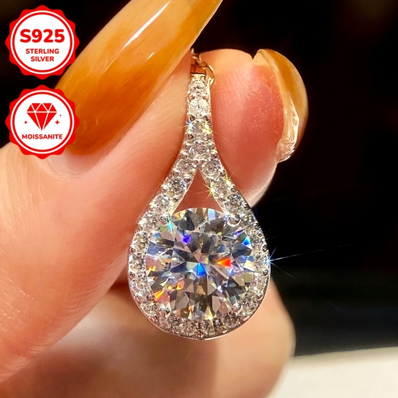 TEMU Moissanite 1pc 1/3/4/5 Carat Round Cut Pear Design Moissanite Women's Engagement Necklace Collarbone Chain 925 925 Silvery Elegant Promise