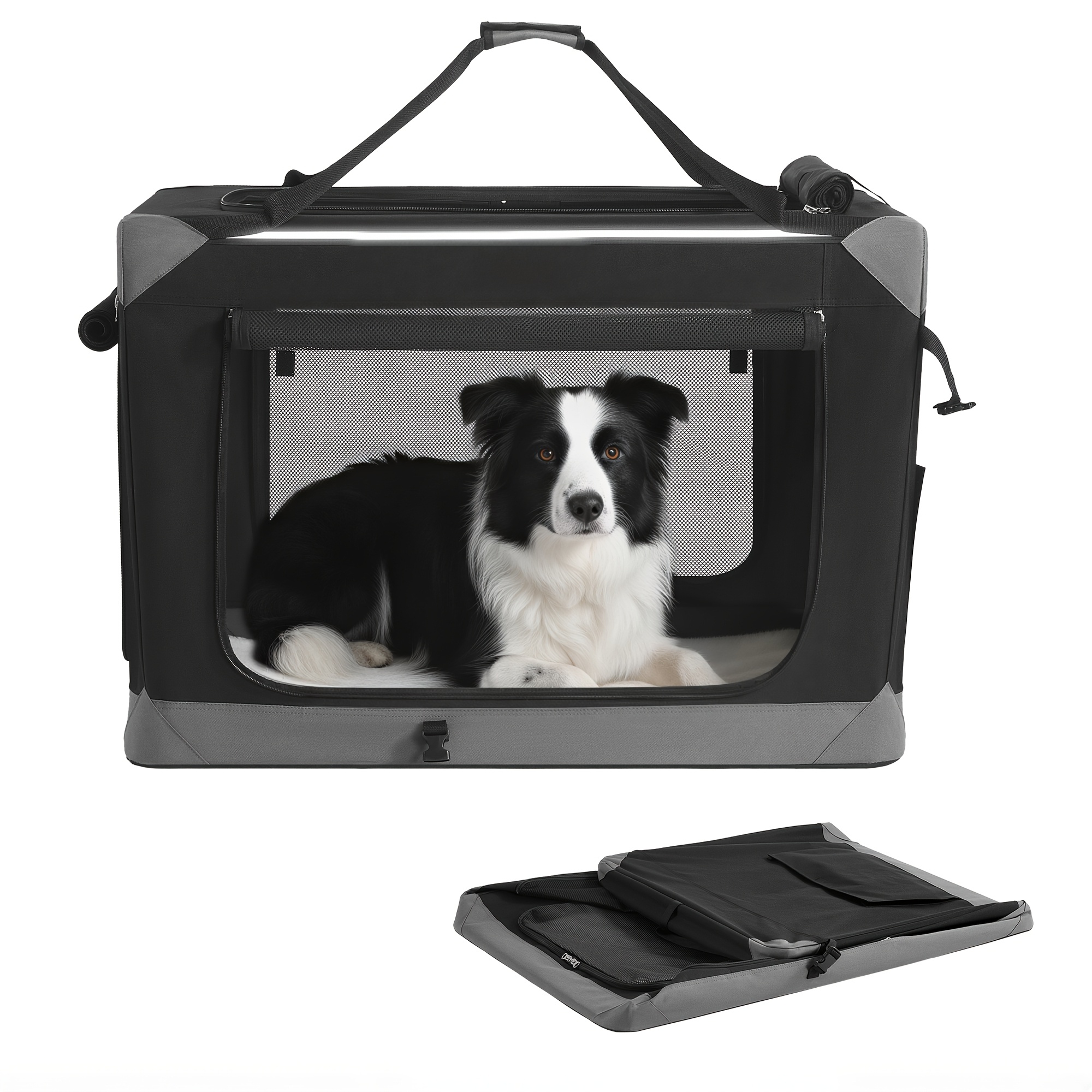 E-shop Hundebox faltbar, , Oxford-Stoff, 4 Türen, mit Griffen Seitentasche, für Reisen, Schwarz