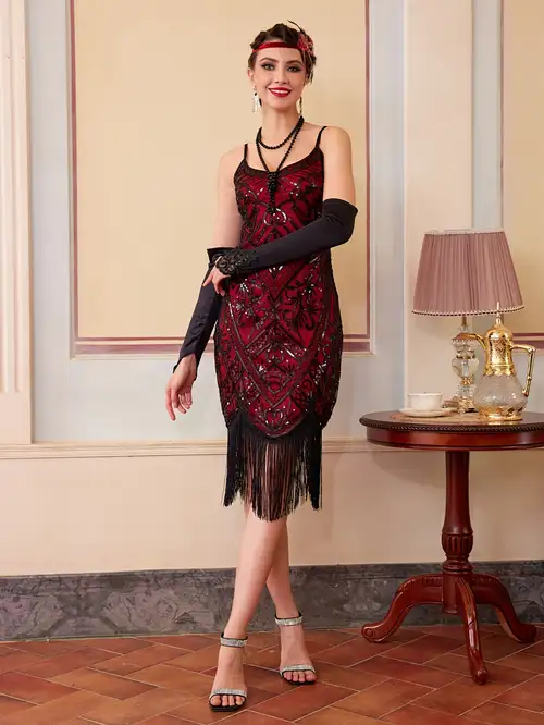 1920 Vintage Sequin * Ball Fringe Short Sleeve Dress Party Banquet Dance Dress Beaded Gown - In Stock 1920 Vintage Sequin * Ball Fringe Short Sleeve Dress Party Banquet Dance Dress Beaded Gown - In Stock