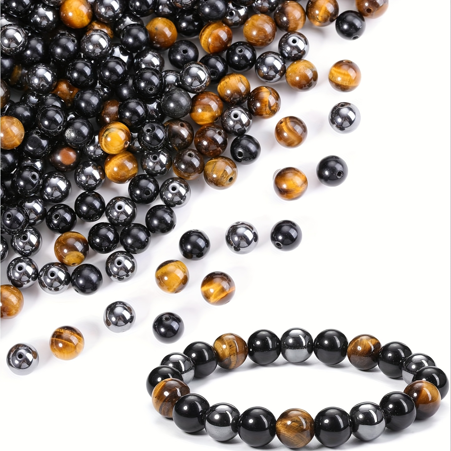 Image of Natural Stone Beads Mixed 60pcs 8mm Round Stone Beading Loose Gemstone Tiger Eye Obsidian Hematite Crystals Polished Genuine Beads For Bracelet Necklace Jewelry Making