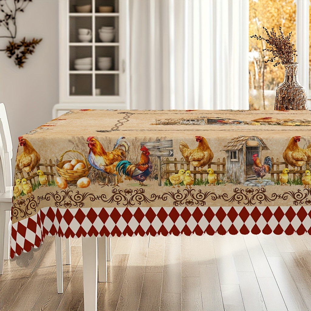 

Rustic Tablecloth - Henhouse & Egg , Embossed , Stain & Water , For Dining & Parties, In 4