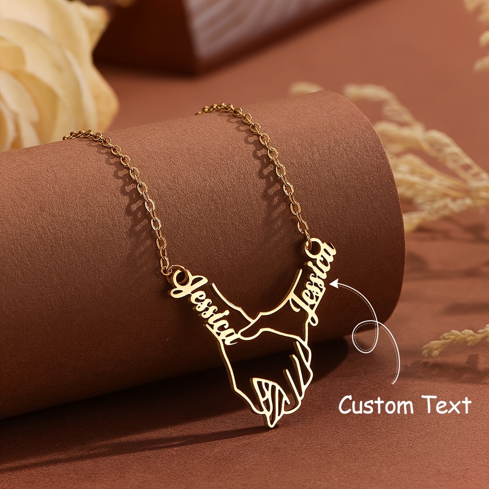 TEMU Gepersonaliseerde damesmode hanger ketting met een hand-in-hand ontwerp, aanpasbaar met twee Engelse namen. Gemaakt van 304L roestvrij staal,