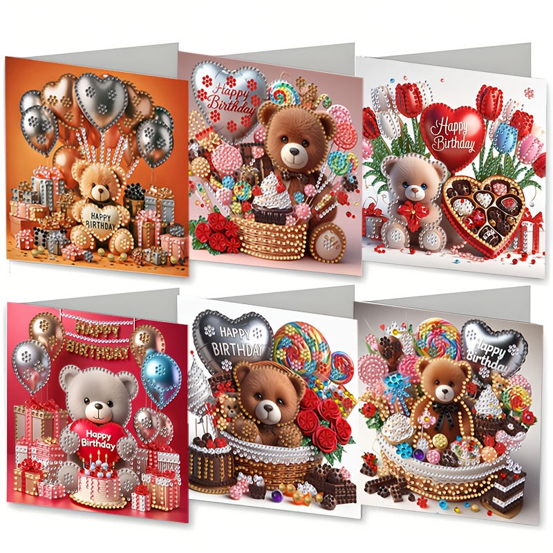 E-shop 6er-Set DIY Diamantmalerei Geburtstagskarten - Feiertagskartenset, Geburtstagsgrüße mit Herzballons und Cartoon-Bär Blumenmuster,