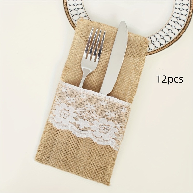 TEMU Lace Bow Cutlery Storage Bag, Modern Linen Cutlery Pouch, Suitable For Fork And Knife Storage, Ideal For Home, Kitchen, Christmas, And Wedding