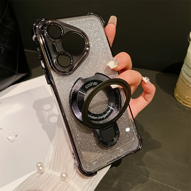 Luxury Electroplated PC Phone Case with Holder, Air Cushion, Wireless Charging for Huawei P70 - Anti-Drop Protective Shell with HD Lens Film_voghion.com