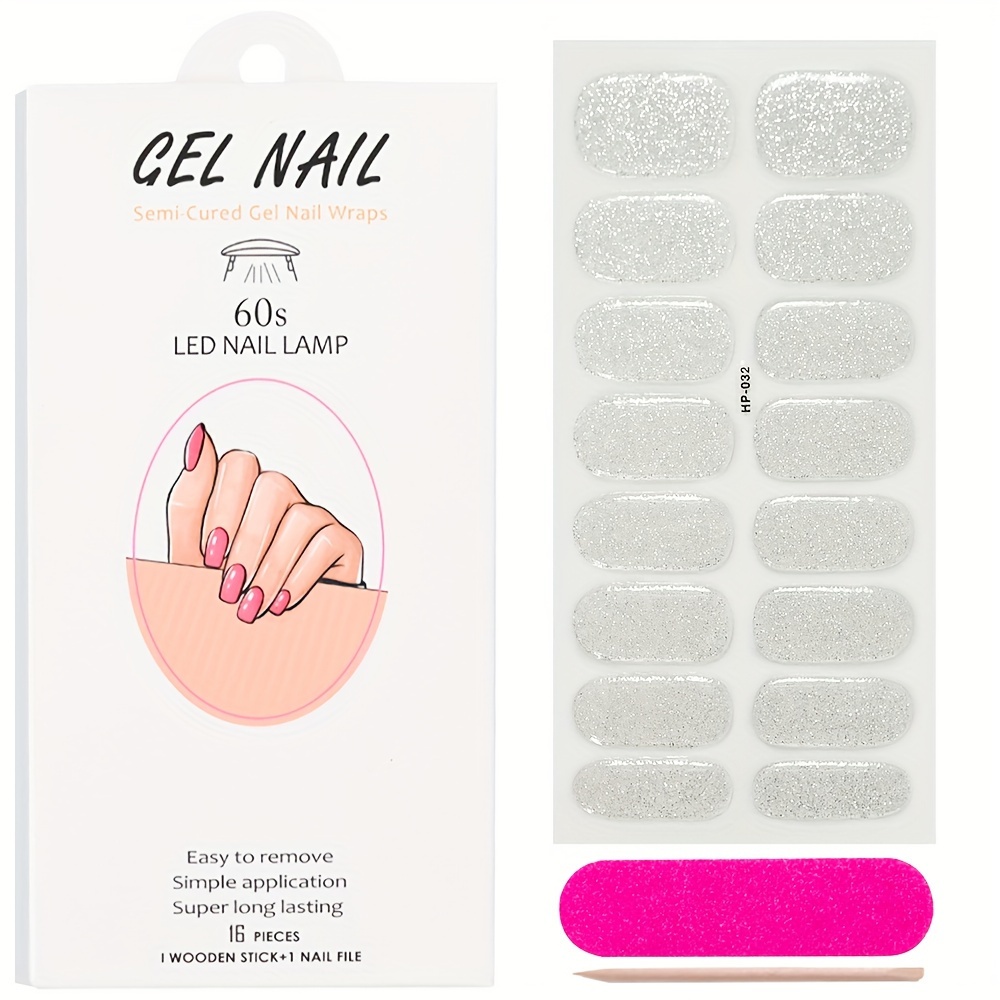 

16 Tips Glitter In Silvery, Golden, And Pink - Semi-cured Gel Nail Stickers For Long- Full Coverage, For Use With Uv And Led Lamps.