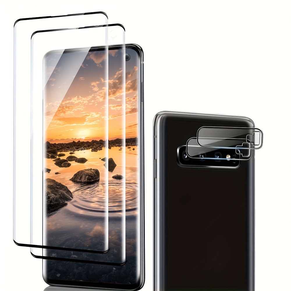 

Pack [2+2] Conçu pour Protecteur d'Écran Samsung S10/S10+ avec 2pcs Protecteur d'Objectif de Caméra, Film en Verre Trempé, HD , Support d' Digitales, 9H, Bulles, Compatible avec les Coques