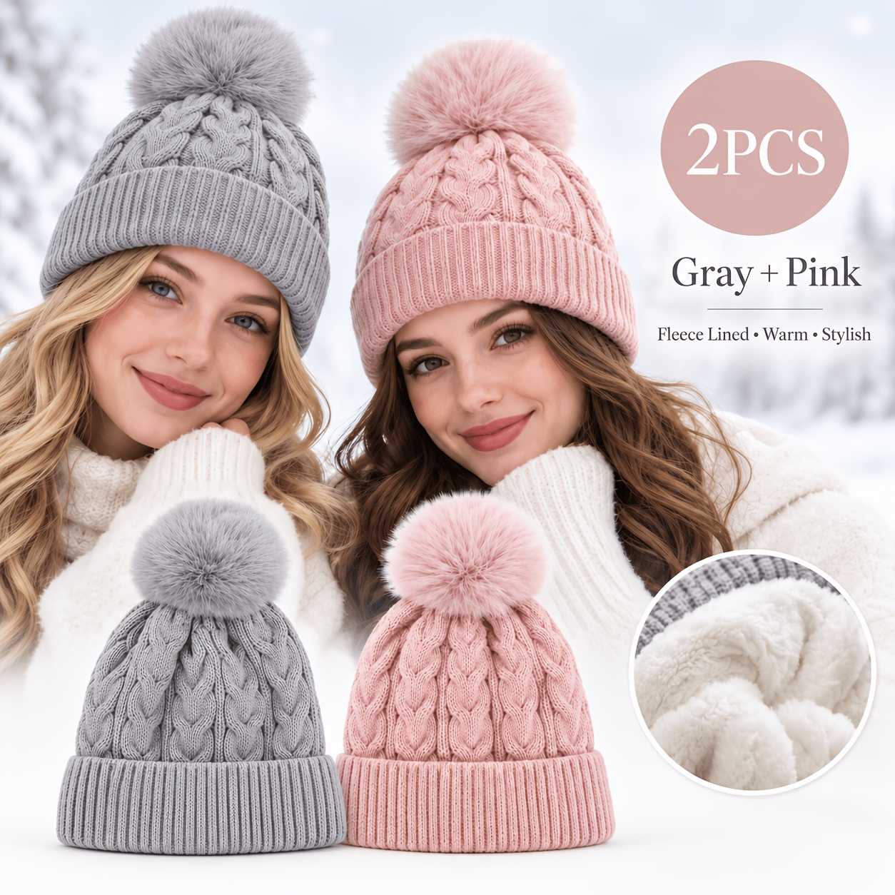 TEMU Lot de 2 bonnets d'hiver pour femme avec pompons, doublure , épaissis, à torsades, et chauds, couleur unie, chapeau tendance pour temps froid