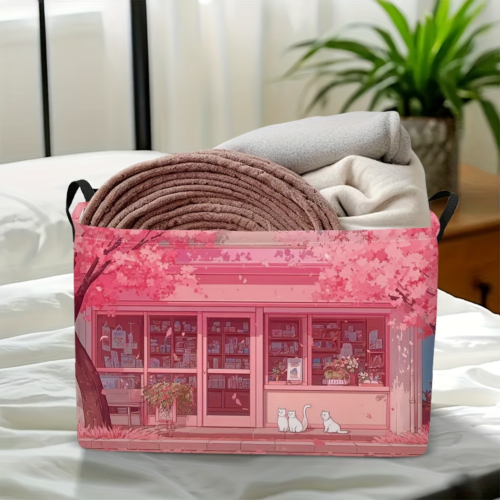 1pc Pink Building with Outdoor Seating Print Storage Basket – Collapsible Rectangular Organizer for Books, Clothes, Towels | Handles Included, Multi-Room Use,   Design, Portable Laundry Hamper, Shelf Baskets, Storage Basket, Laundry Basket, Storage Box, Organizer And Storage, Small Storage Box, Diaper Storage Box, Laundry Storage, Toy Bins For Playroom