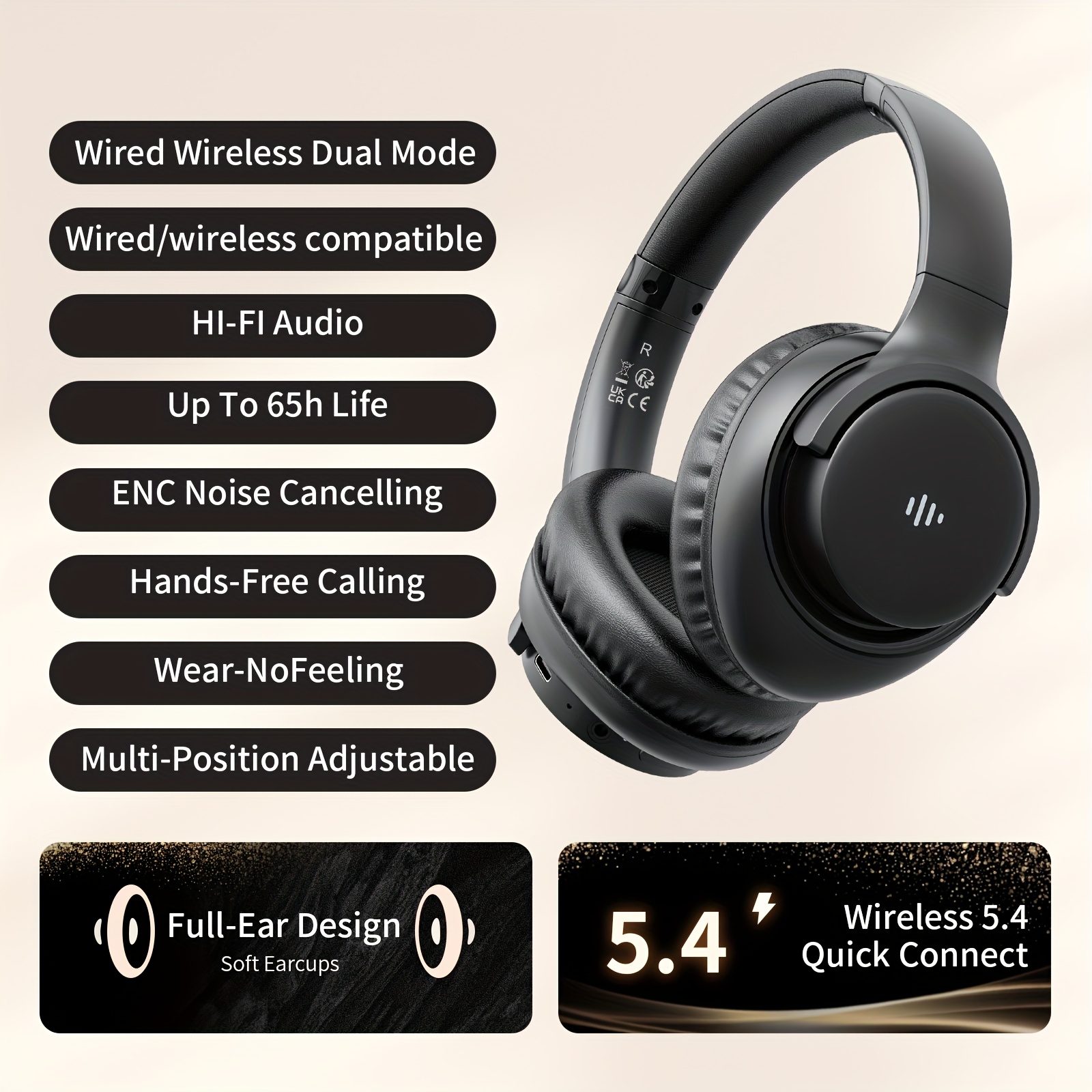 Wireless Noise Cancelling Headphones, Wireless Earbuds With Deep Bass, HiFi Stereo Sound Low Latency, Lightweight Foldable Headphones With Built-in Microphone, For Work Laptops, Mobile Phones, On-head Gaming Headphones, Compatible With Android/iOS
