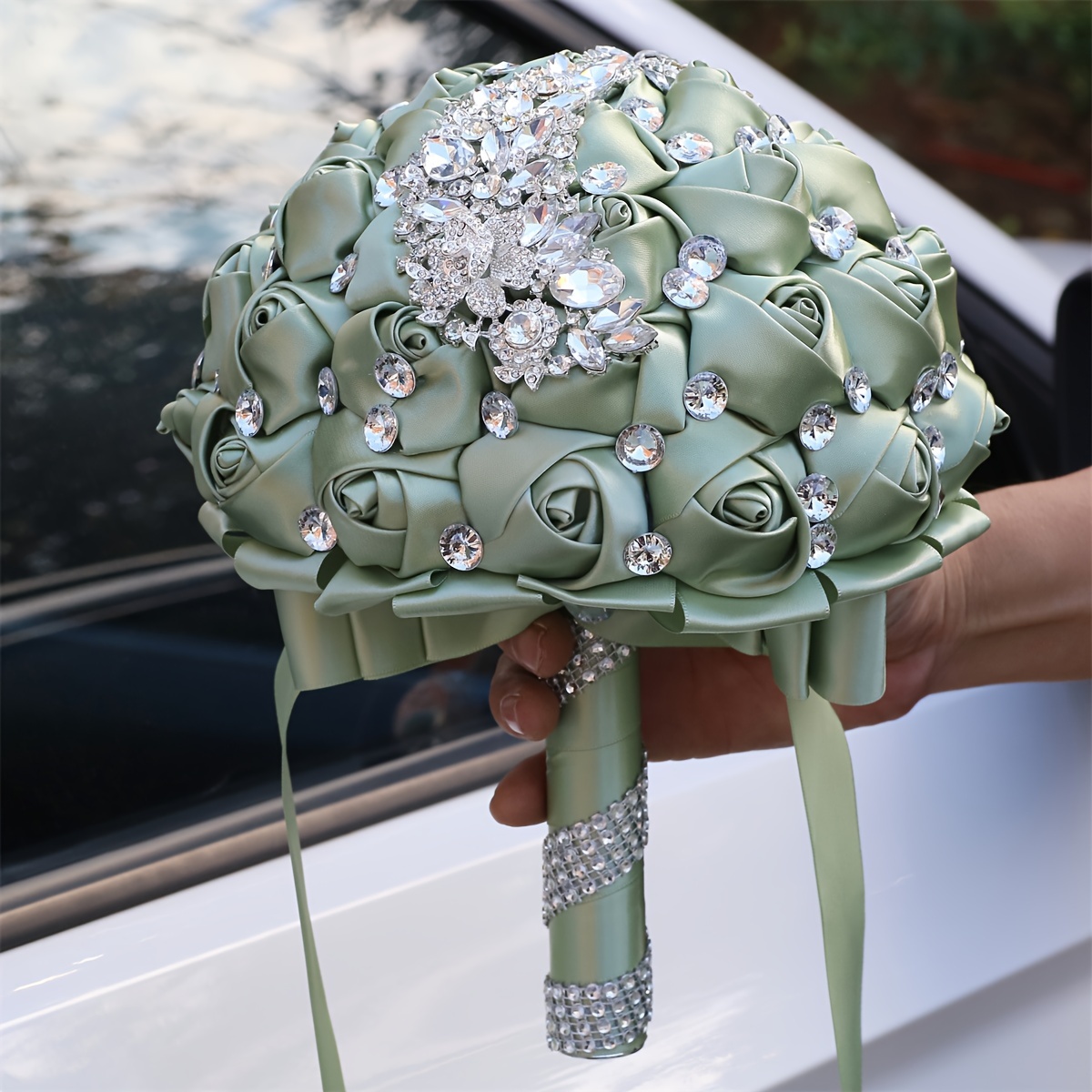 zamonaviy to'y buketi, porloq kristallar bilan, polyester va spandex, qo'l bilan ushlash uchun to'y gulchambari, w445 tafsilotlari 8