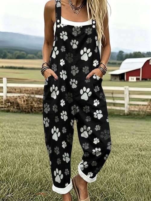womens leisure overallspaw graphics paw motiffashion sleeveless buttons design with pockets suitable vacation and daily wearing loose fit