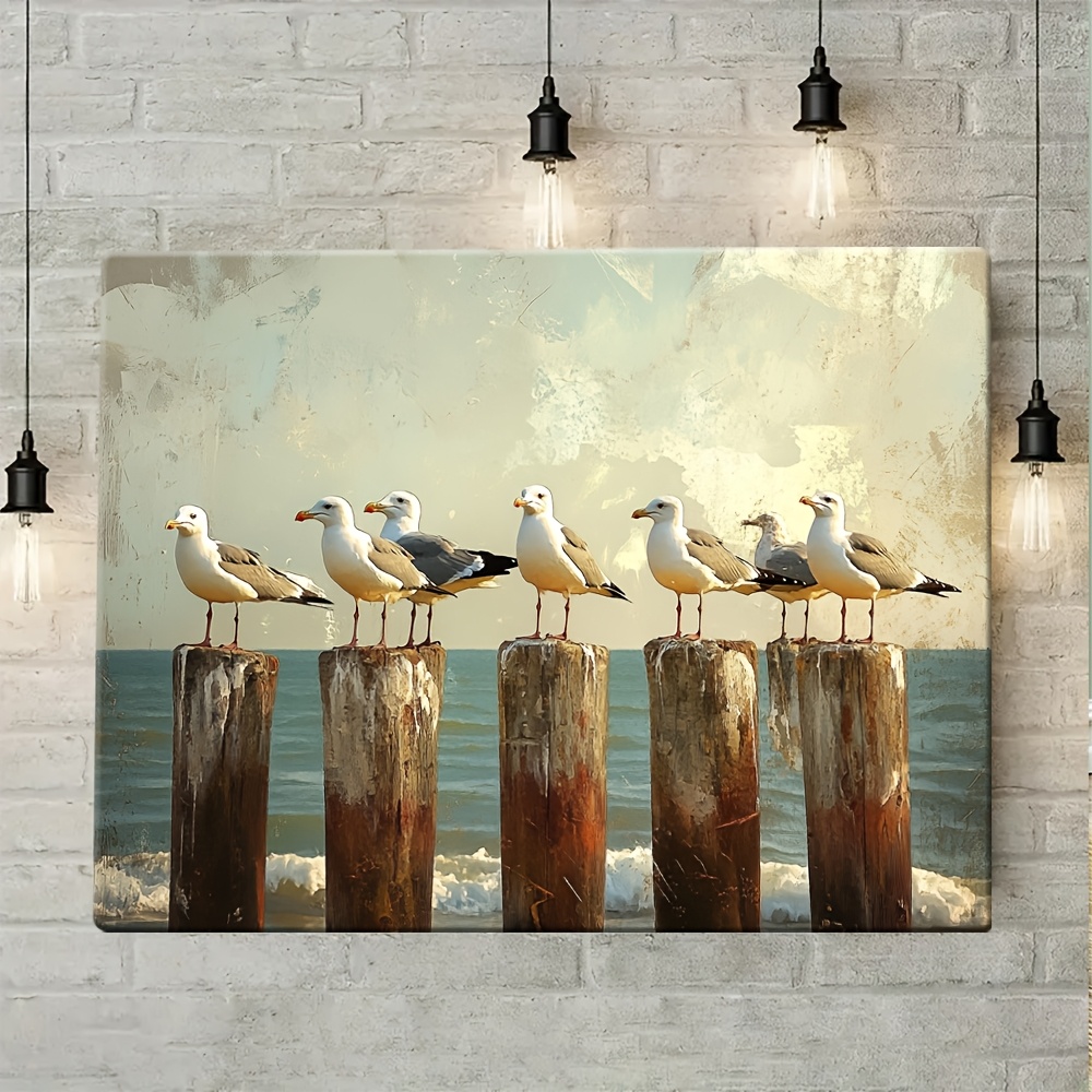 TEMU Beach Scene Canvas Art With Wooden Frame - Perched On Weathered , High-definition Print For Living Room, Bedroom, Office Decor, Coastal Theme