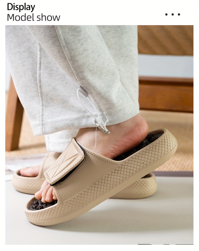 mens   slides non slip thick   beach sandals casual eva upper pvc insole beige white with black accents   indoor outdoor relaxation everyday slippers textured strap design eva construction summer sandals Product details 2